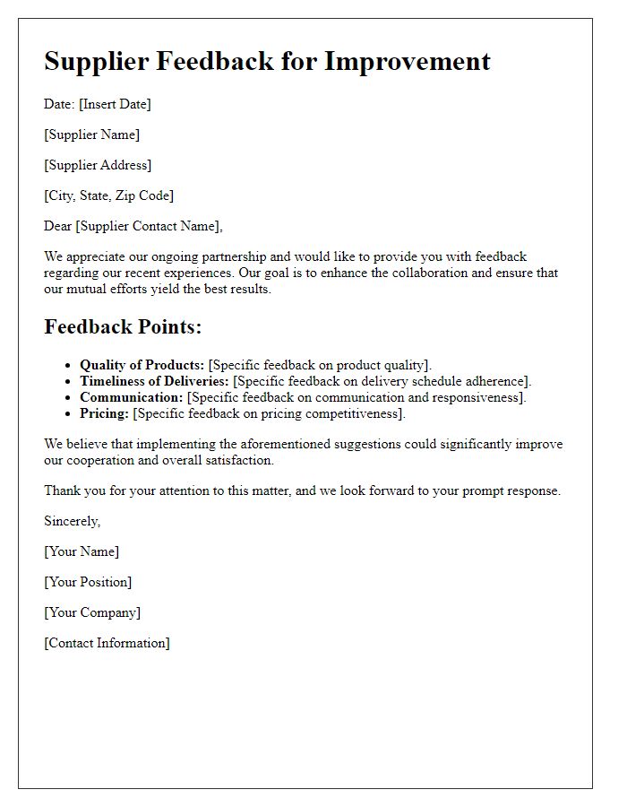 Letter template of supplier feedback for improvement