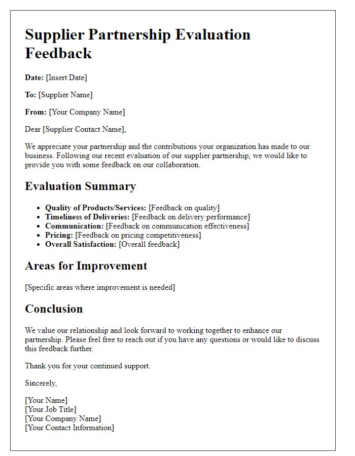 Letter template of supplier partnership evaluation feedback