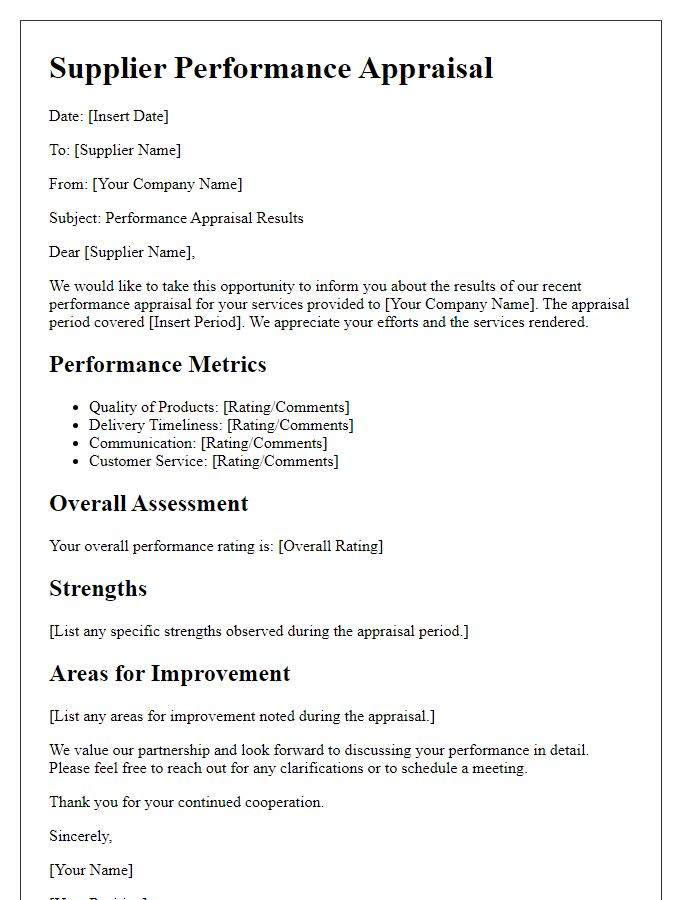 Letter template of supplier performance appraisal notes