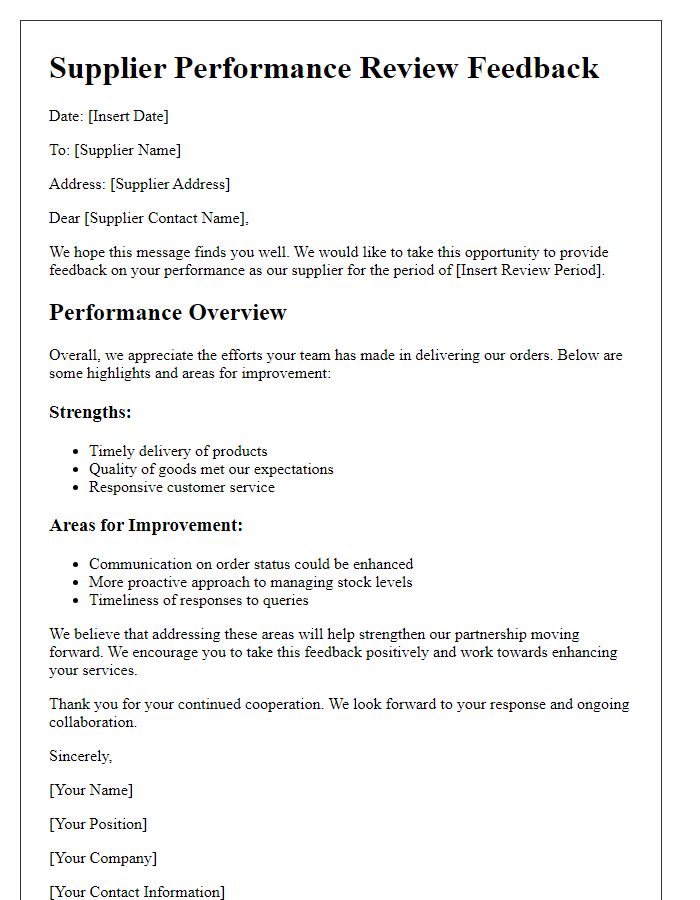 Letter template of supplier performance review feedback