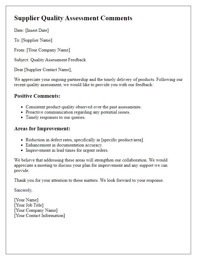 Letter template of supplier quality assessment comments