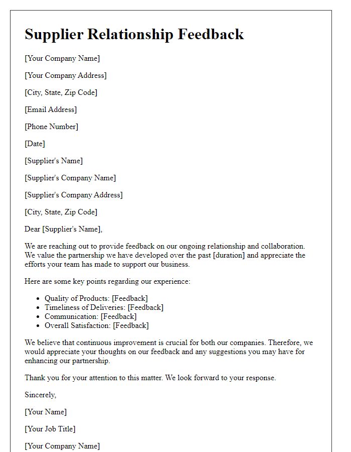 Letter template of supplier relationship feedback