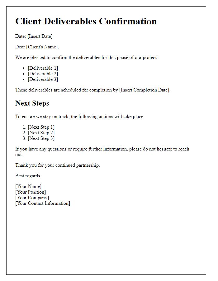 Letter template of client deliverables confirmation and next steps