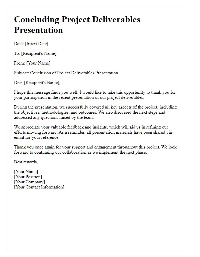 Letter template of concluding project deliverables presentation