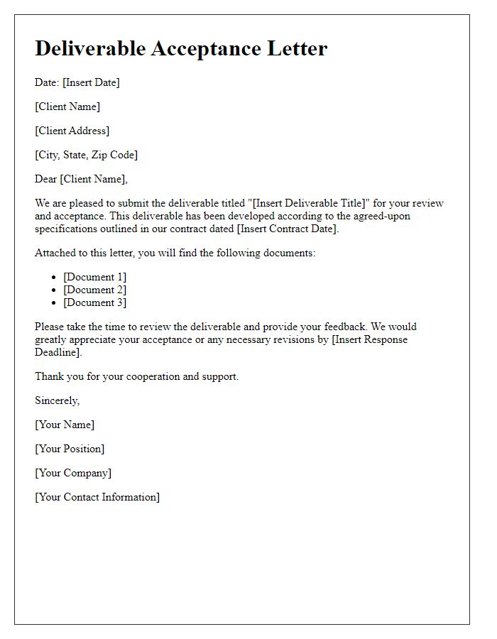 Letter template of deliverable acceptance for client review