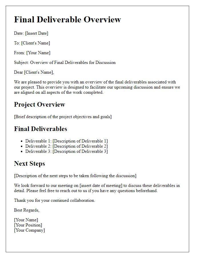 Letter template of final deliverable overview for client discussion