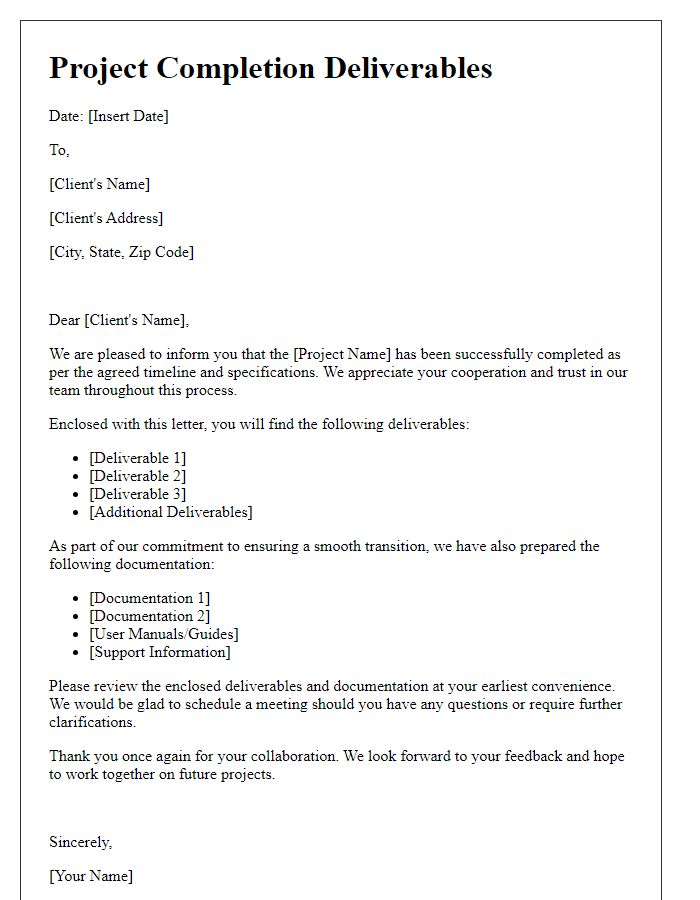 Letter template of project completion deliverables for client handover