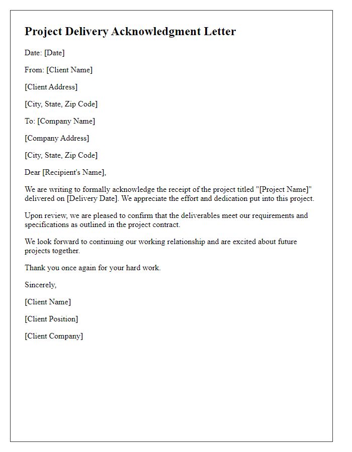 Letter template of project delivery acknowledgment from client