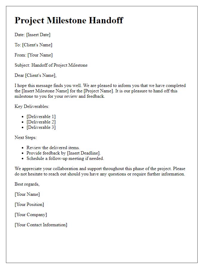 Letter template of project milestone handoff to client