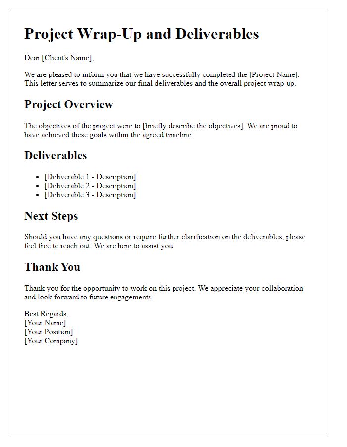 Letter template of project wrap-up and deliverables explanation for client