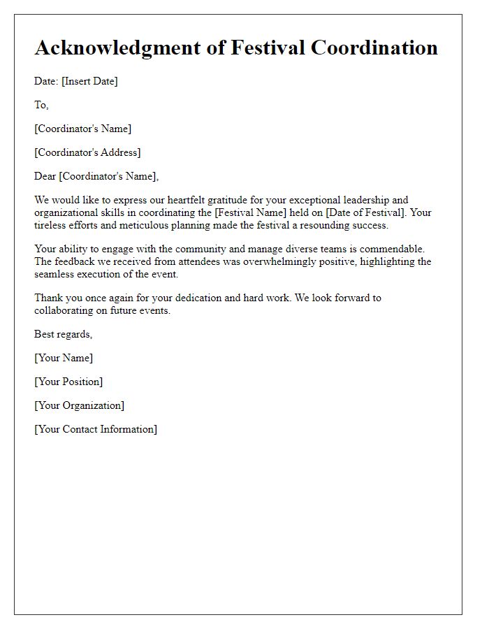 Letter template of acknowledgment for a festival coordinator