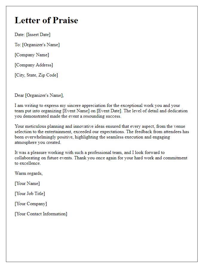 Letter template of praise for a corporate event organizer