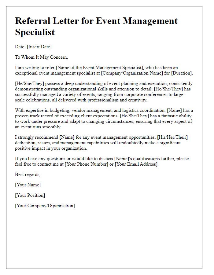 Letter template of referral for an event management specialist