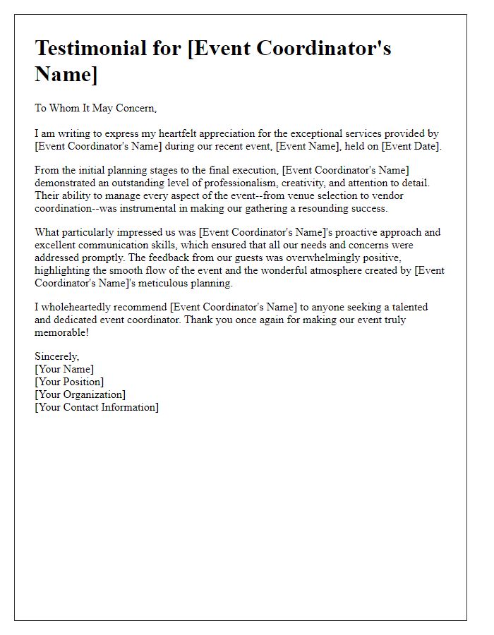 Letter template of testimonial for an event coordinator