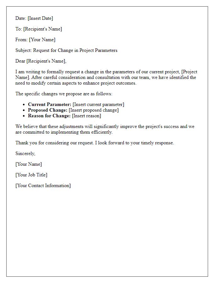 Letter template of change in project parameters request