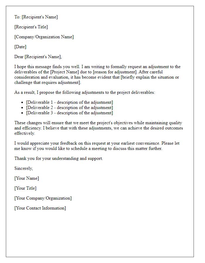 Letter template of project deliverables adjustment request