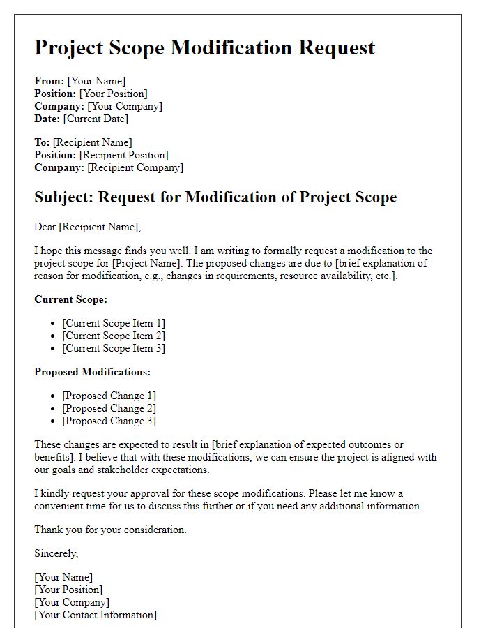 Letter template of project scope modification request