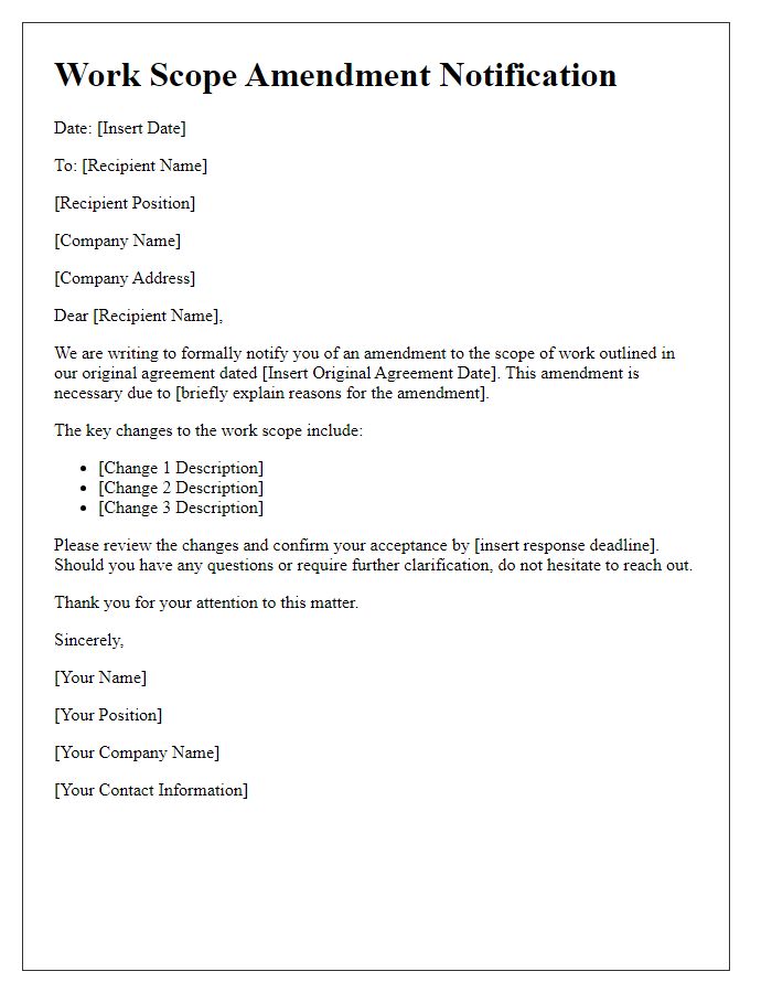 Letter template of work scope amendment notification