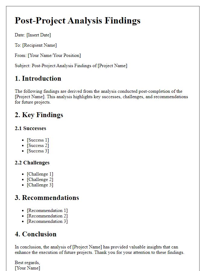 Letter template of post-project analysis findings