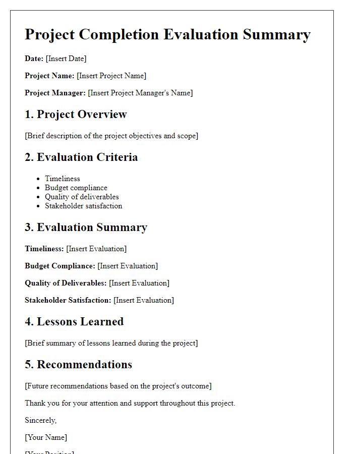 Letter template of project completion evaluation summary