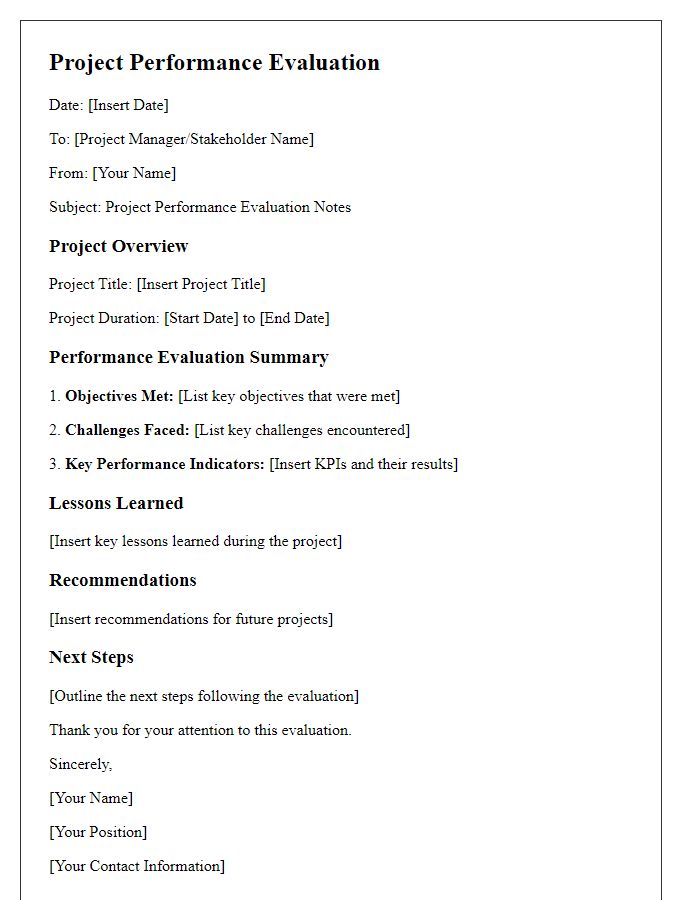 Letter template of project performance evaluation notes