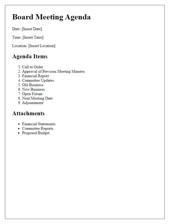 Letter template of board meeting agenda outline