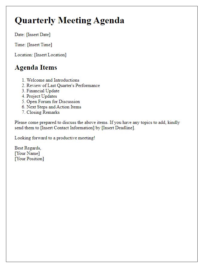 Letter template of quarterly meeting agenda details