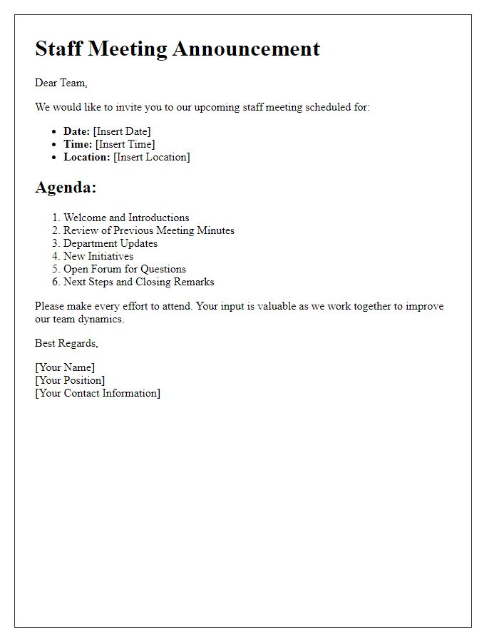 Letter template of staff meeting agenda announcement