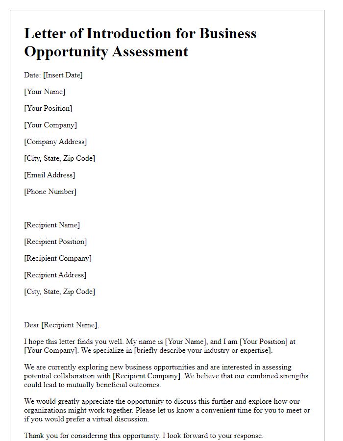 Letter template of introduction for business opportunity assessment