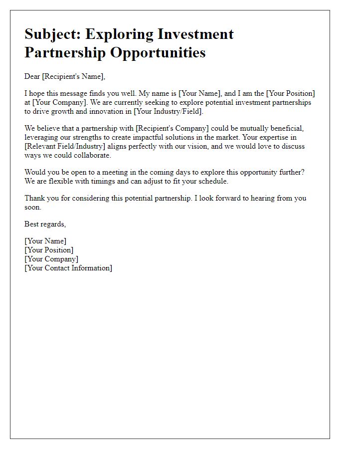 Letter template of outreach for potential investment partnerships