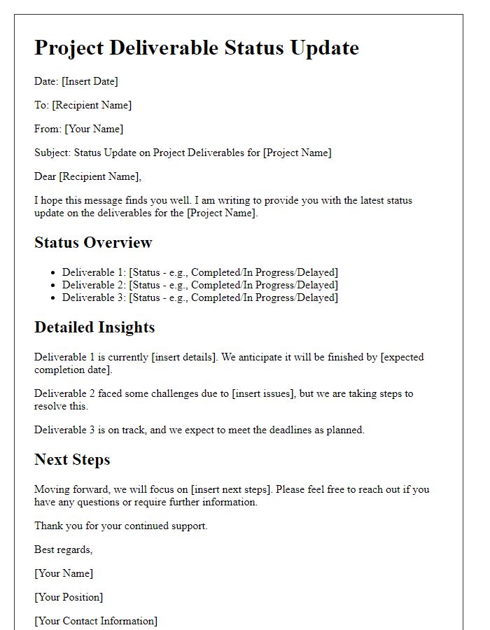 Letter template of project deliverable status update