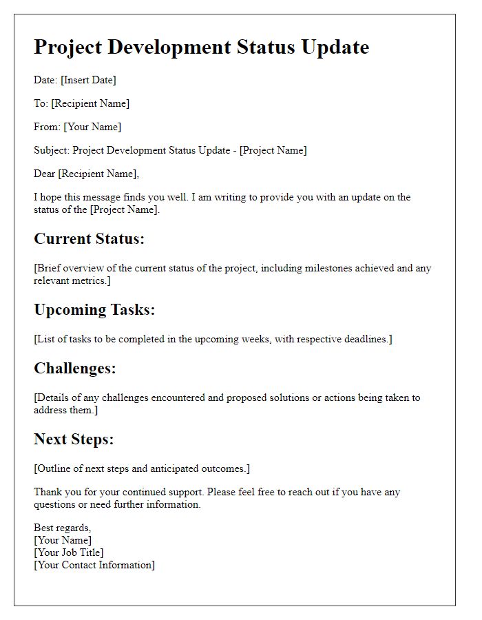 Letter template of project development status update