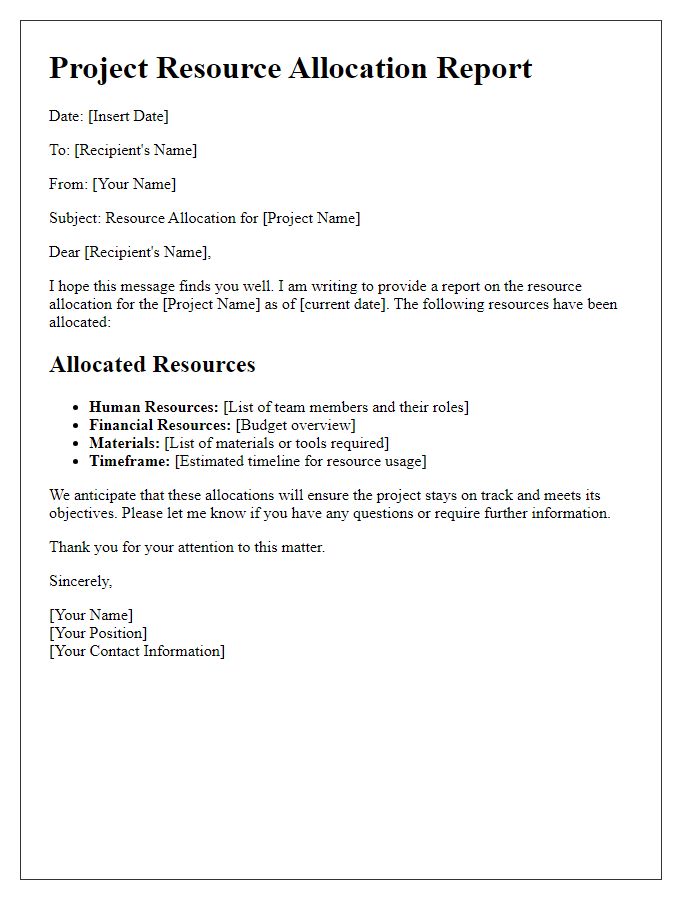 Letter template of project resource allocation report