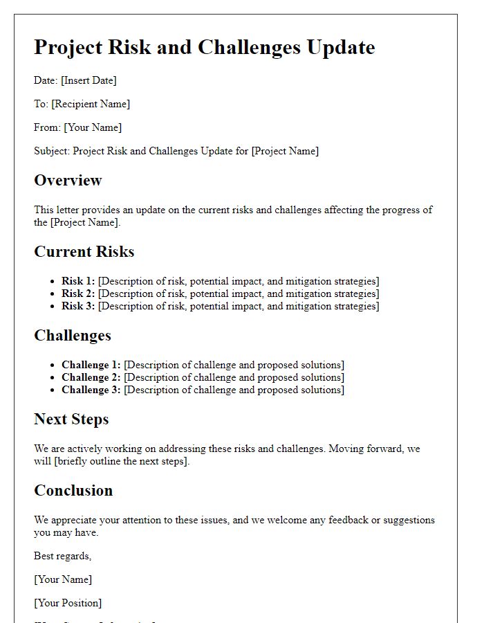 Letter template of project risk and challenges update