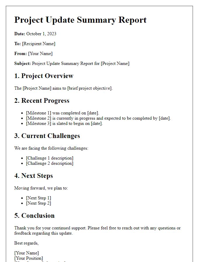 Letter template of project update summary report