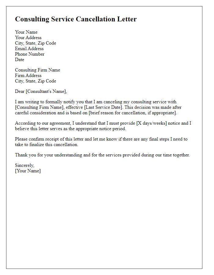 Letter template of consulting service cancellation letter