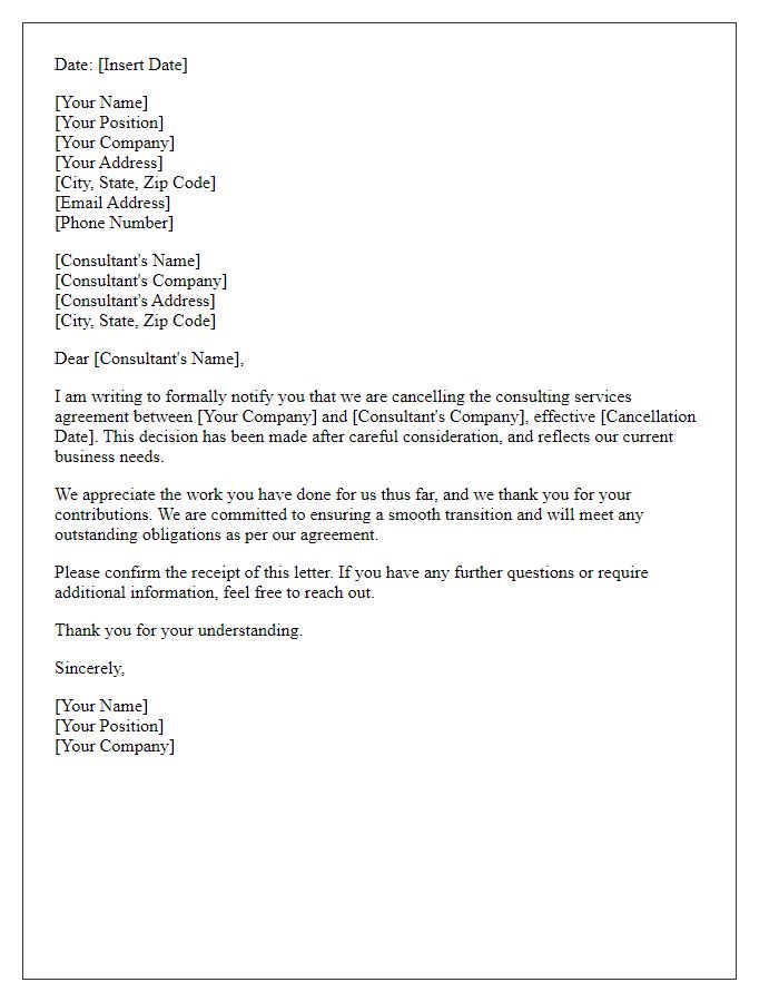 Letter template of formal cancellation of consulting services