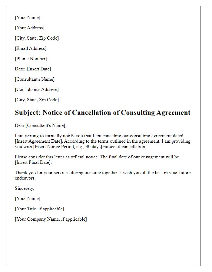 Letter template of notice to cancel consulting agreement