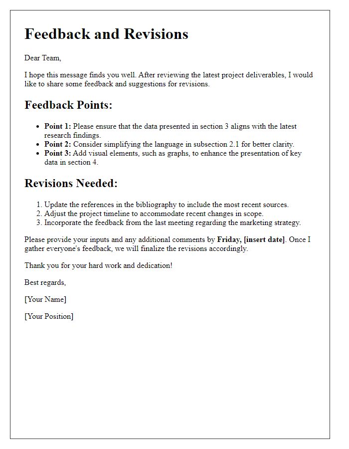 Letter template of feedback and revisions for team input