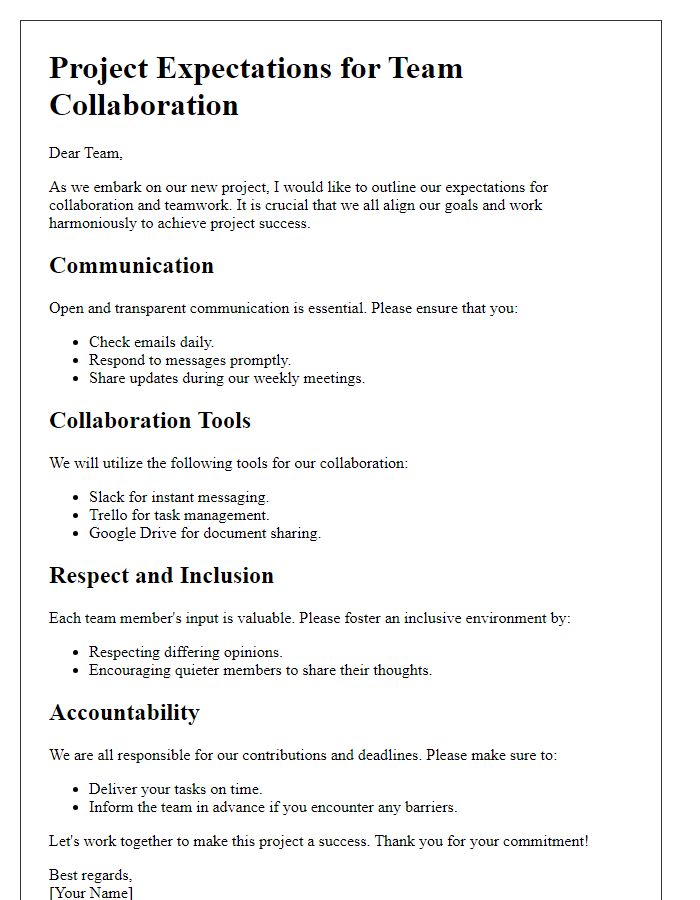 Letter template of project expectations for team collaboration