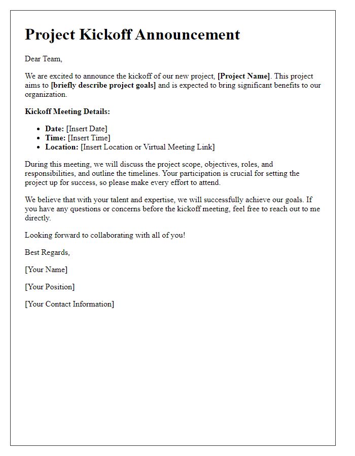 Letter template of project kickoff for internal communication