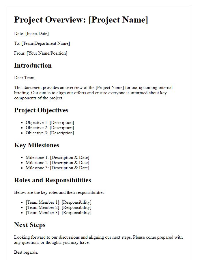 Letter template of project overview for internal team briefing