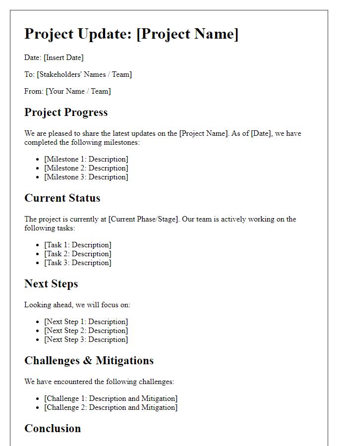 Letter template of project updates for internal stakeholders