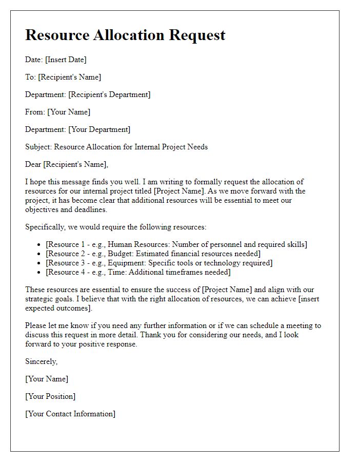 Letter template of resource allocation for internal project needs