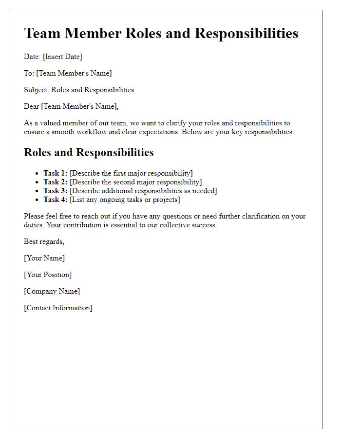 Letter template of roles and responsibilities for team members