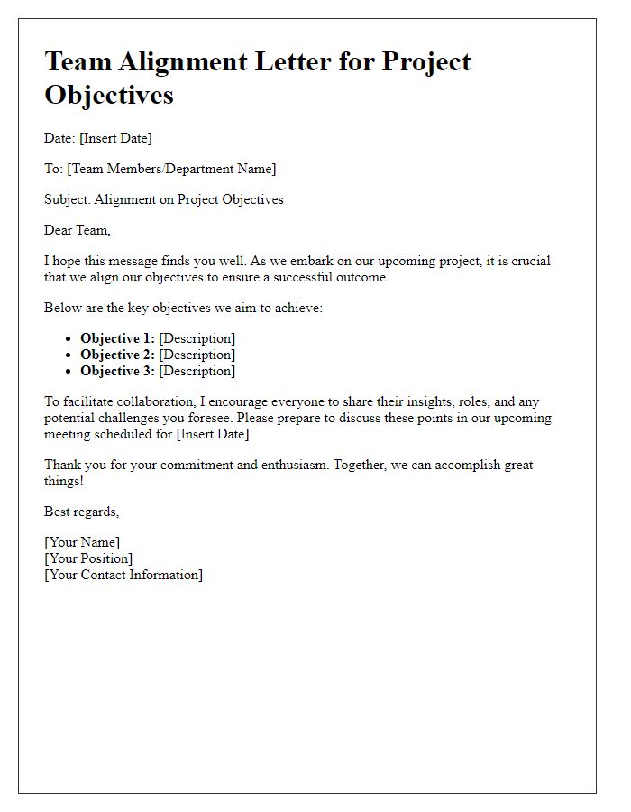 Letter template of team alignment for project objectives