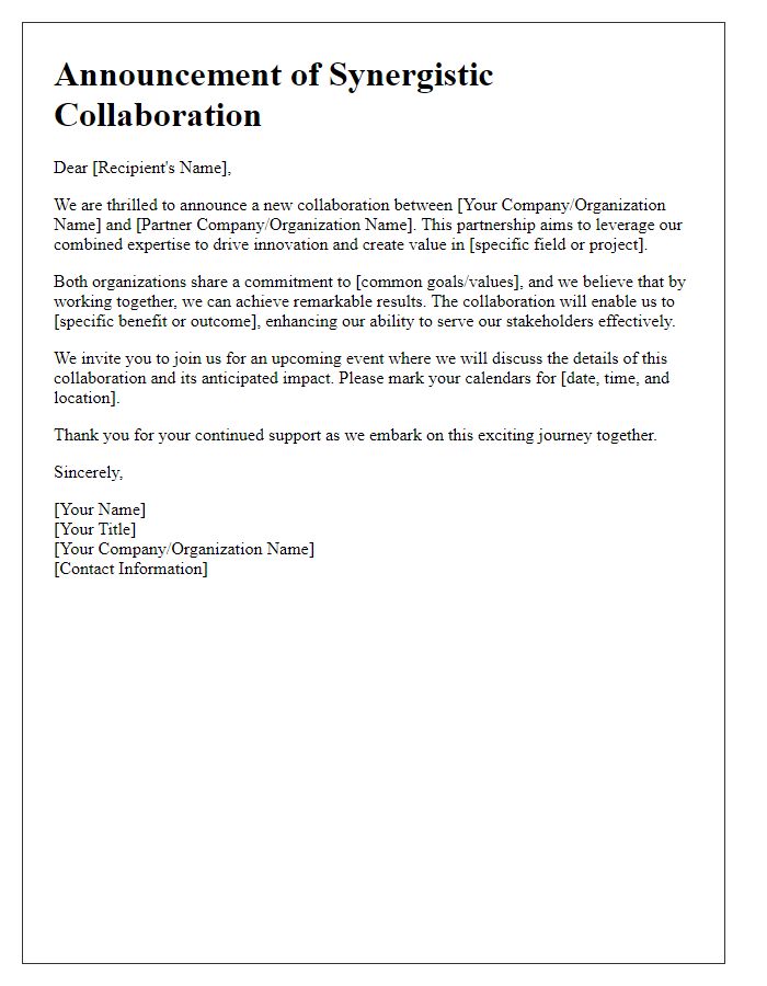 Letter template of synergistic collaboration announcement