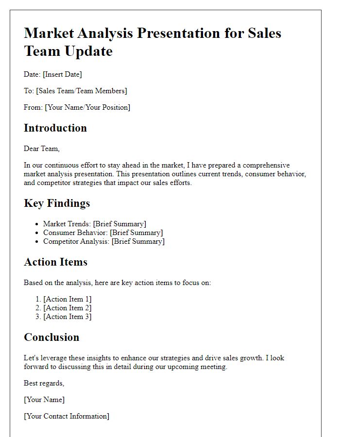 Letter template of market analysis presentation for sales team update