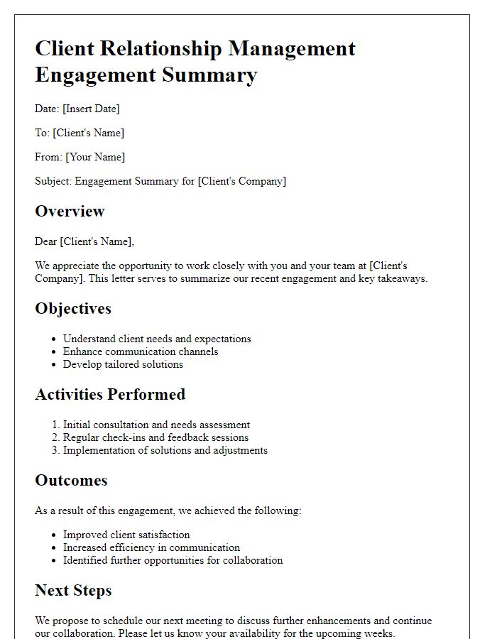 Letter template of client relationship management engagement summary