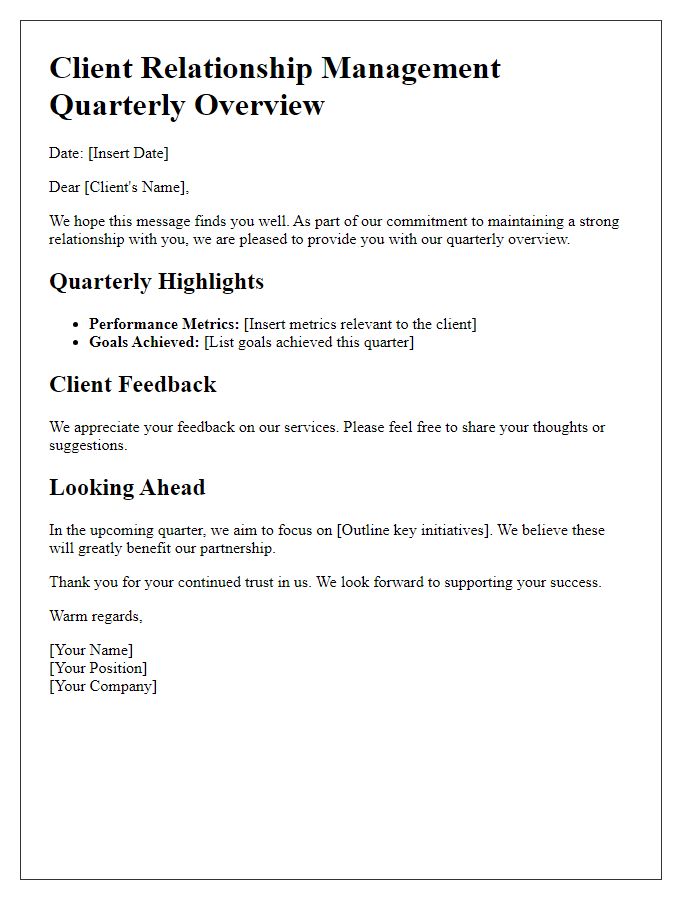 Letter template of client relationship management quarterly overview